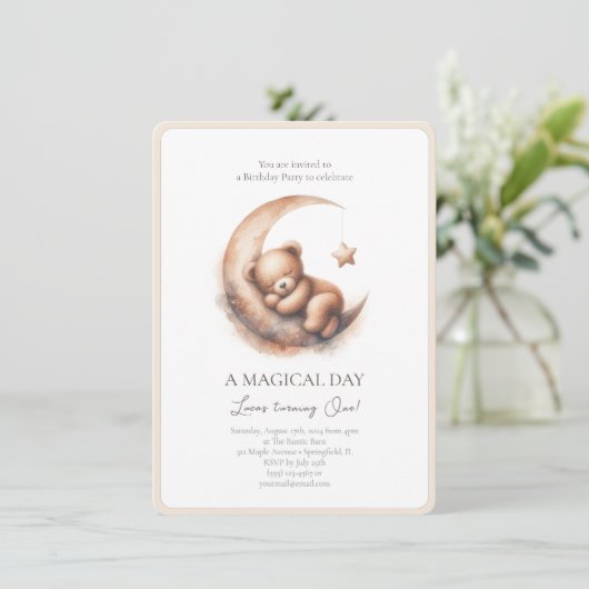 水彩眠る茶色のベージュベアーオンザムーン 招待状 (スタンド正面)