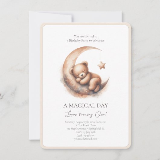 水彩眠る茶色のベージュベアーオンザムーン 招待状 (正面)