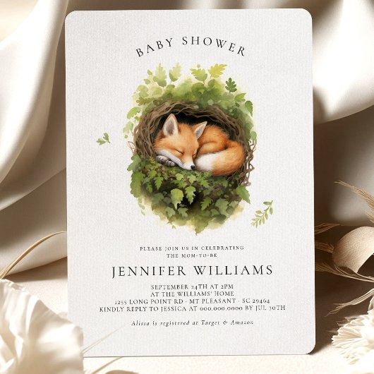 水彩睡眠キツネベビーシャワー招待状