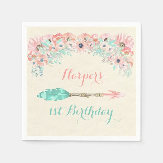 水彩矢の羽フラワーピンク桃ミント スタンダードカクテルナプキン (正面)