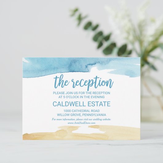 水彩砂と海のウェディングレセプション挿入カード 招待状 (スタンド正面)