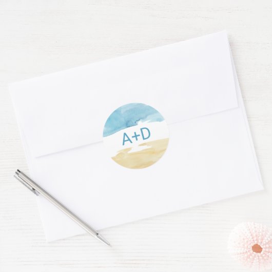 水彩砂と海結婚の封筒用シール ラウンドシール (封筒)