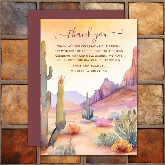水彩砂漠とサボテン南西結婚の サンキューカード