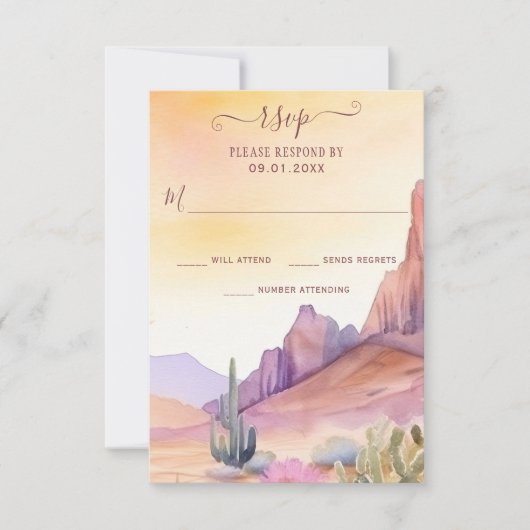 水彩砂漠とサボテン南西結婚の 出欠カード (正面)