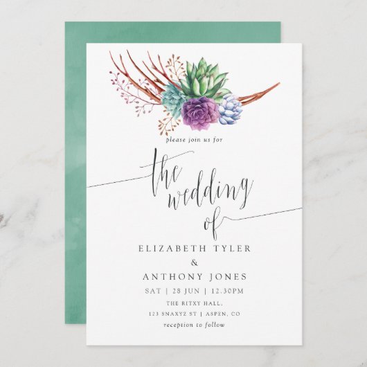 水彩砂漠の多肉植物 ウェディング 招待状 (正面/裏面)