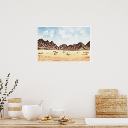 水彩砂漠の山の風景アートプリント ポスター (キッチン)
