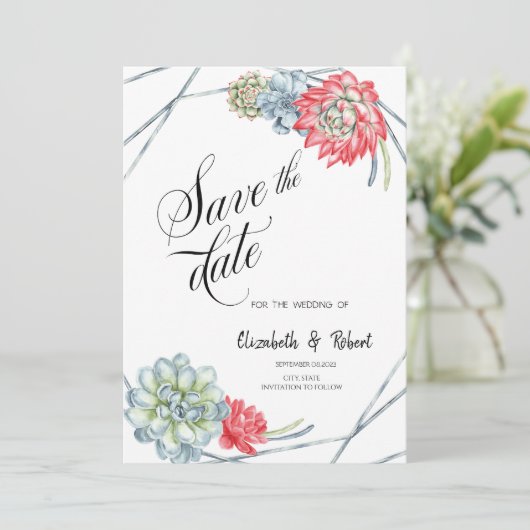 水彩砂漠の赤い多肉植物 Save The Date セーブザデート (スタンド正面)