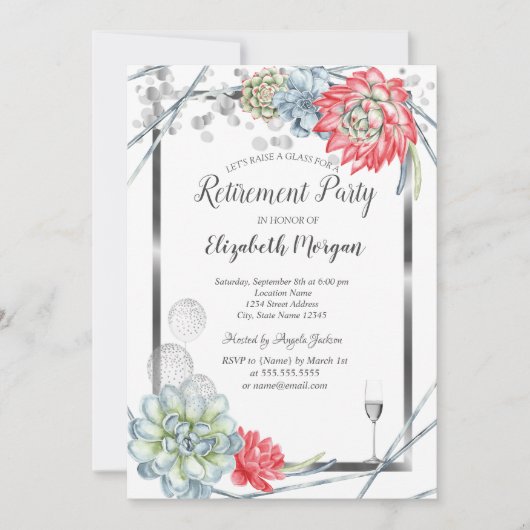 水彩砂漠の赤い多肉類リタイア 招待状 (正面)