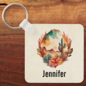 水彩砂漠サボテンと山 キーホルダー (正面)