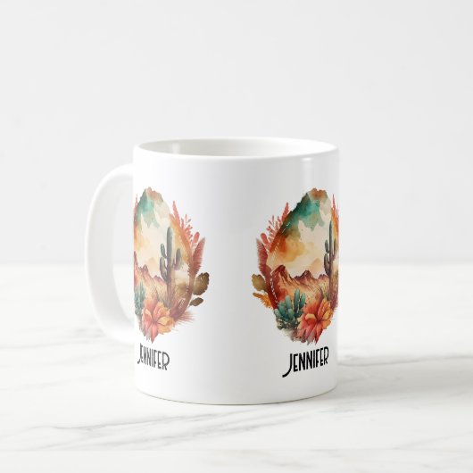 水彩砂漠サボテンと山 コーヒーマグカップ (正面左)