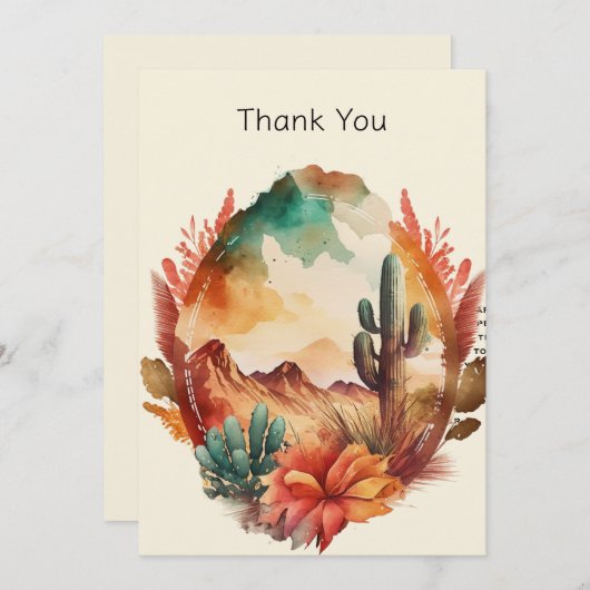 水彩砂漠サボテンと山 サンキューカード (正面/裏面)