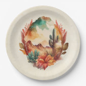 水彩砂漠サボテンと山 ペーパープレート (正面)