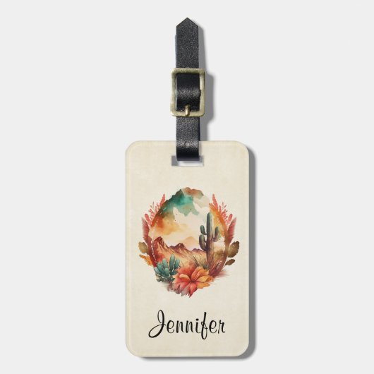 水彩砂漠サボテンと山 ラゲッジタグ (正面縦)