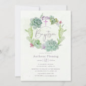 水彩砂漠サボテン多肉類ベビーバプテスマ 招待状 (正面)