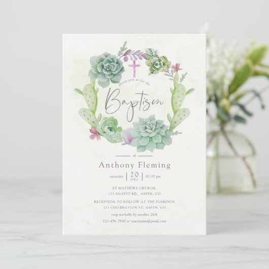 水彩砂漠サボテン多肉類ベビーバプテスマ 招待状 (スタンド正面)