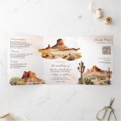 水彩砂漠山サボテンQRコード結婚ズ 三つ折り招待状 (内部)
