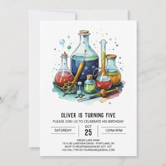 水彩神秘ラボサイエンティスト誕生日 招待状 (正面)