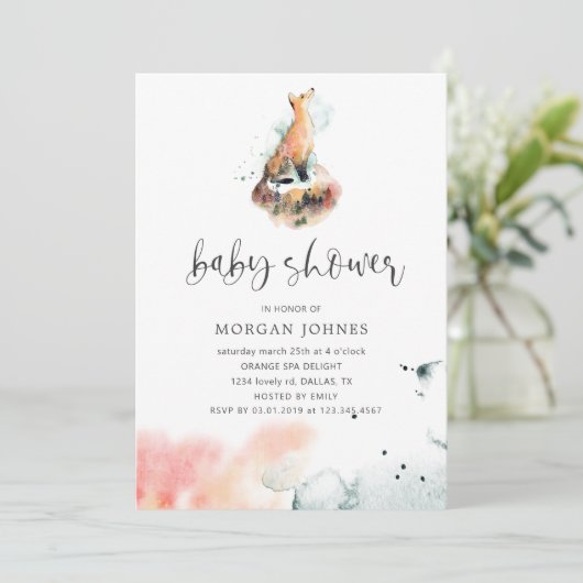 水彩神秘的なフォックスベビーシャワー招待状 (スタンド正面)