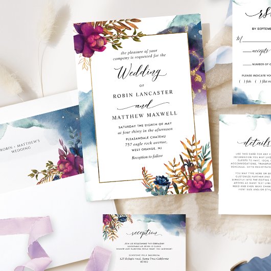 水彩神秘的な庭のティール(緑がかった色)、紫の青 招待状