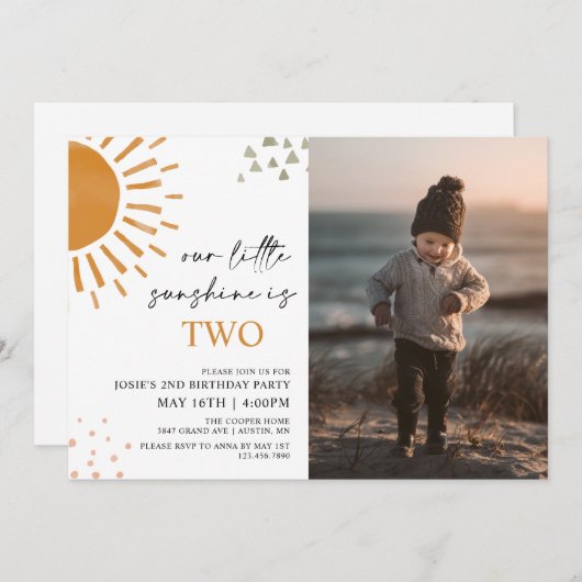 水彩私たちのリトルサンシャインフォト誕生日 招待状 (正面/裏面)
