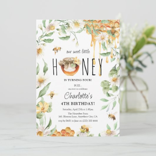 水彩私たちの甘いハニービー子供の誕生日パーティー 招待状 (スタンド正面)