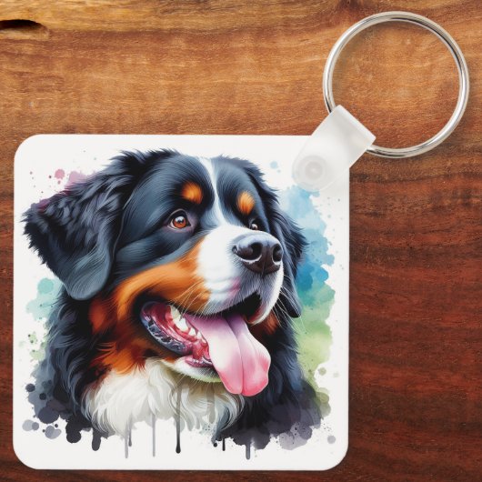 水彩私は私のベルネーズマウンテンドッグが大好き キーホルダー (裏面)