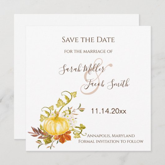 水彩秋のカボチャと葉ズ結婚ズ セーブザデート (正面/裏面)