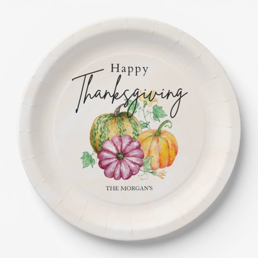 水彩秋のカボチャ幸せな感謝祭 ペーパープレート (正面)
