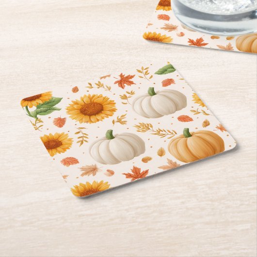 水彩秋のカボチャ&ひまわり模様 スクエアペーパーコースター (アングル)