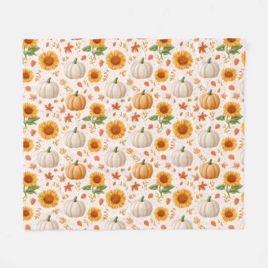 水彩秋のカボチャ&ひまわり模様 フリースブランケット (正面(横))