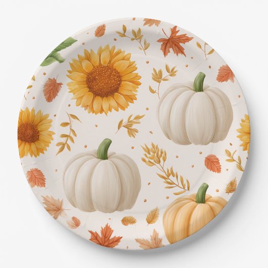水彩秋のカボチャ&ひまわり模様 ペーパープレート (正面)