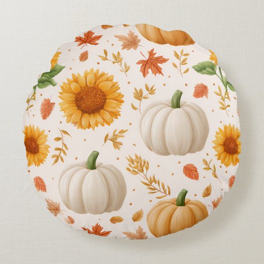 水彩秋のカボチャ&ひまわり模様 ラウンドクッション (正面)