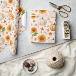 水彩秋のカボチャ&ひまわり模様 ラッピングペーパー