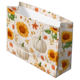 水彩秋のカボチャ&ひまわり模様 ラージペーパーバッグ