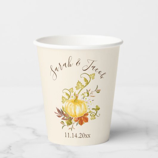 水彩秋のカボチャ&葉結婚ズ 紙コップ (正面)