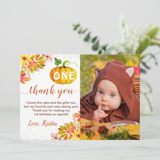水彩秋のフローラカボチャ誕生日写真 サンキューカード (スタンド正面)