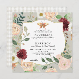 水彩秋のフローラサンゴバラ蝶 招待状