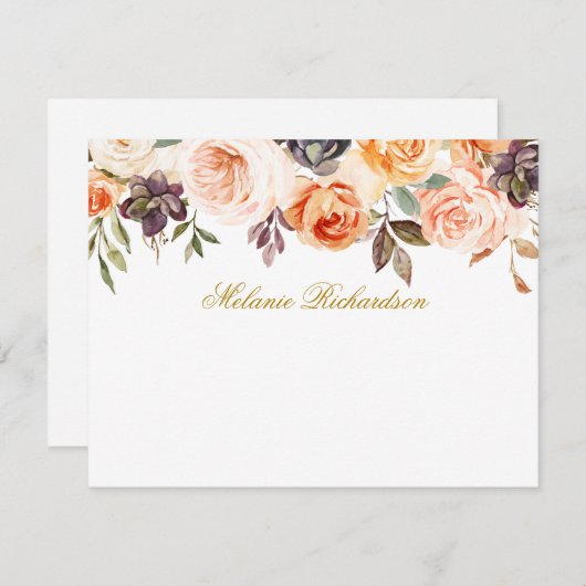 水彩秋のフローラパーソナライズされた金ゴールド ノートカード (正面/裏面)