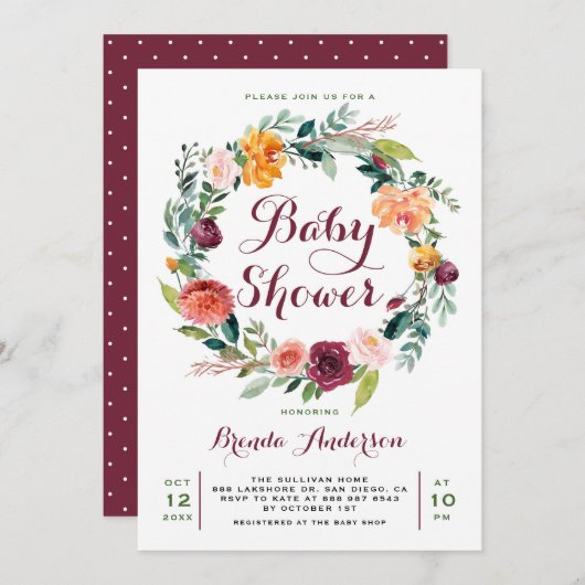 水彩秋のフローラリースベビーシャワー 招待状 (正面/裏面)