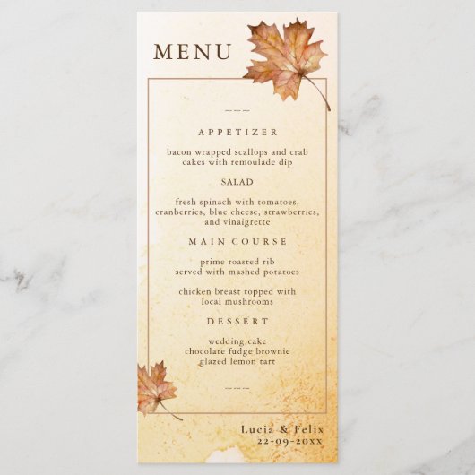 水彩秋のメープルリーフ結婚ズディナー メニュー (正面)