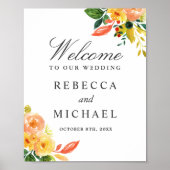 水彩秋の桃のフローラ結婚のサイン ポスター (正面)