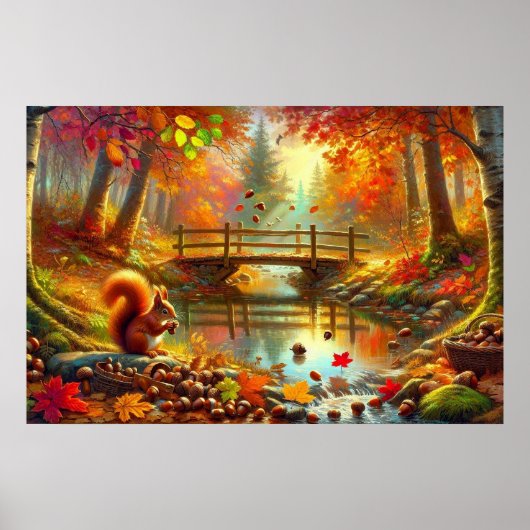 水彩秋の森のリスのシーン ポスター (正面)