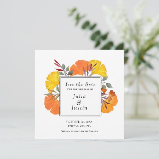 水彩秋の結婚式日付の正方形を保存 招待状 (スタンド正面)