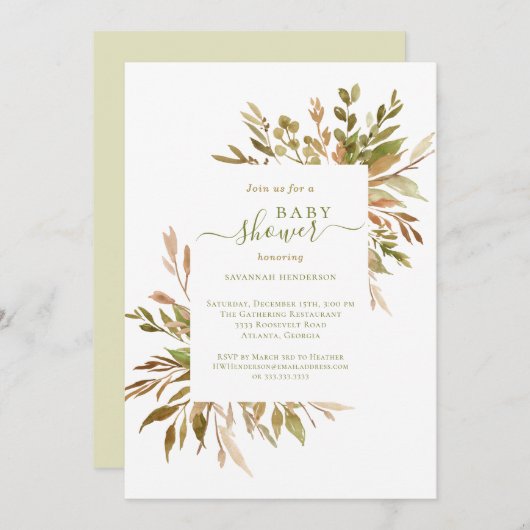 水彩秋の緑のベビーシャワー招待状 招待状 (正面/裏面)