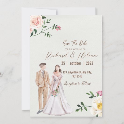 水彩秋の花とパーム フローラル ウェディング 招待状 (正面)