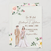 水彩秋の花とパーム フローラル ウェディング 招待状 (正面/裏面)