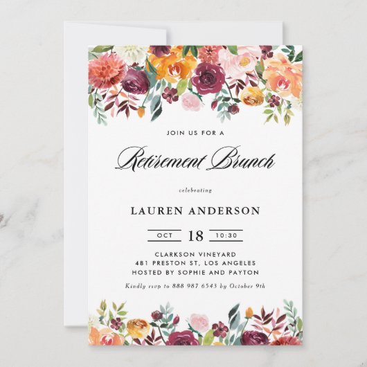 水彩秋の花のガーランド　引退のお祝いランチ 招待状 (正面)