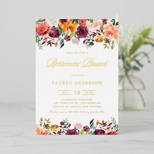 水彩秋の花のガーランド　引退のブランチ 箔招待状 (立ち正面)
