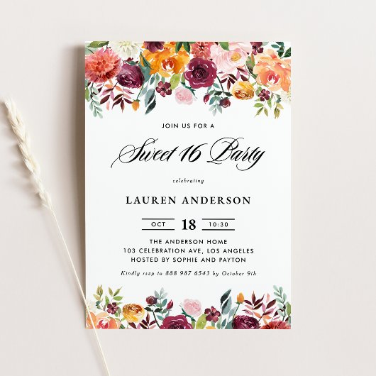 水彩秋の花ガーランド スイート16 招待状