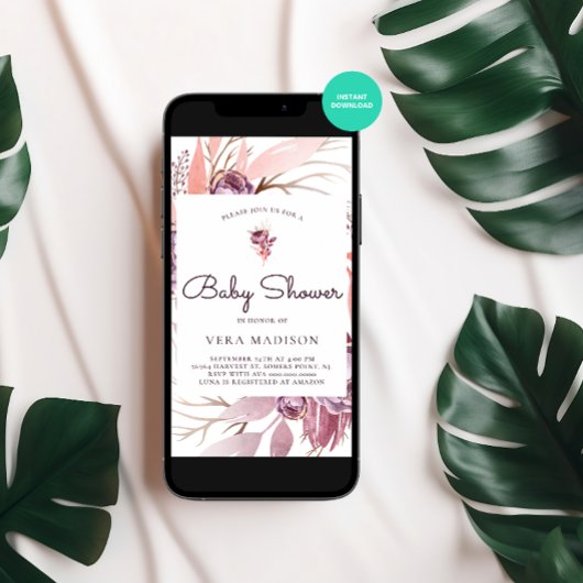 水彩秋の花赤ちゃんシャワー 招待状